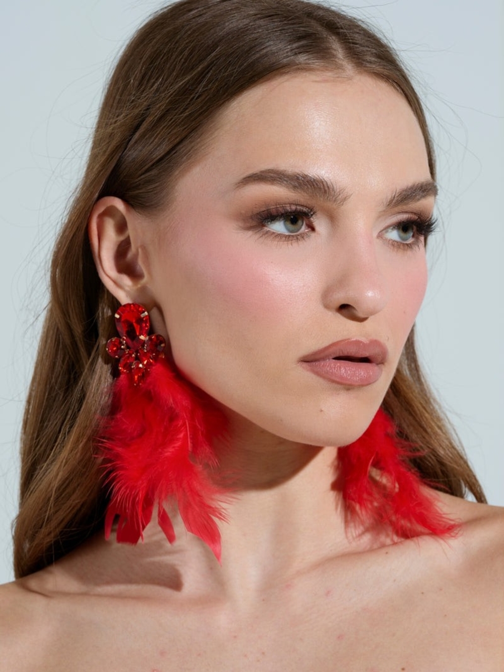 Red Feather & Crystal Statement Earrings - Bold Women's Jewelry